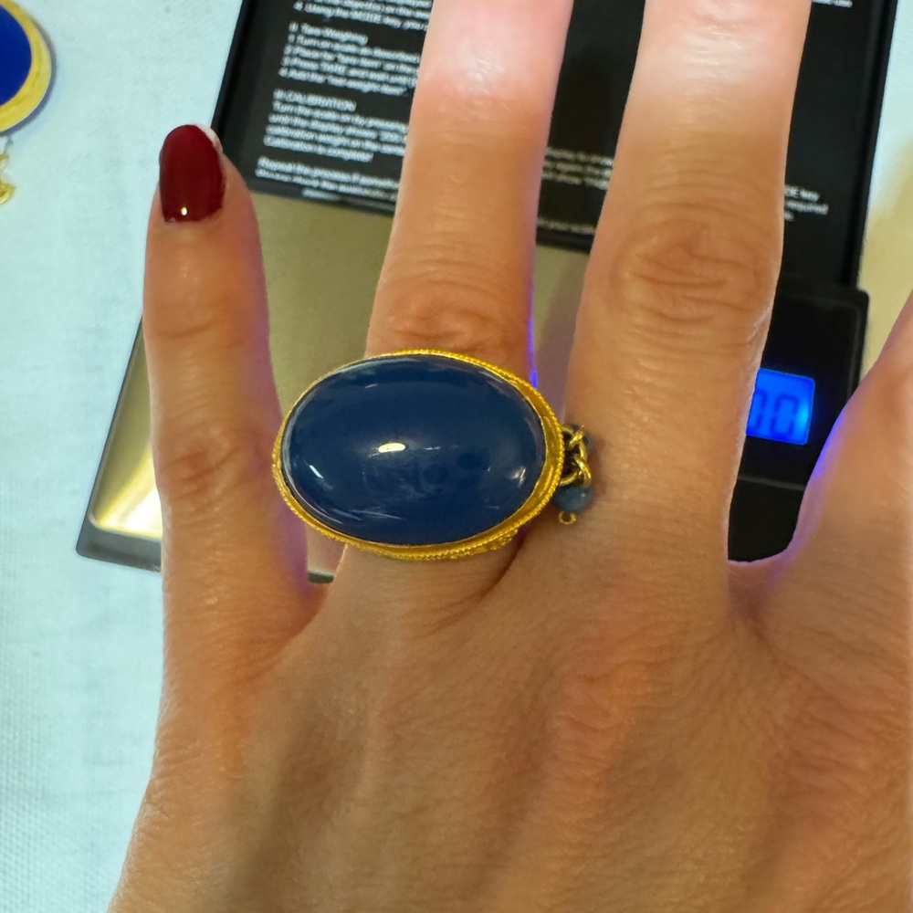 Charming Elegant 18k Solid Gold Ring/Blue Agate S… - image 1